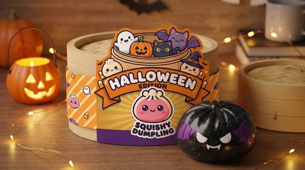 Squishy Dumpling Chauve-Souris Halloween Glitter in seiner kawaii Umgebung
