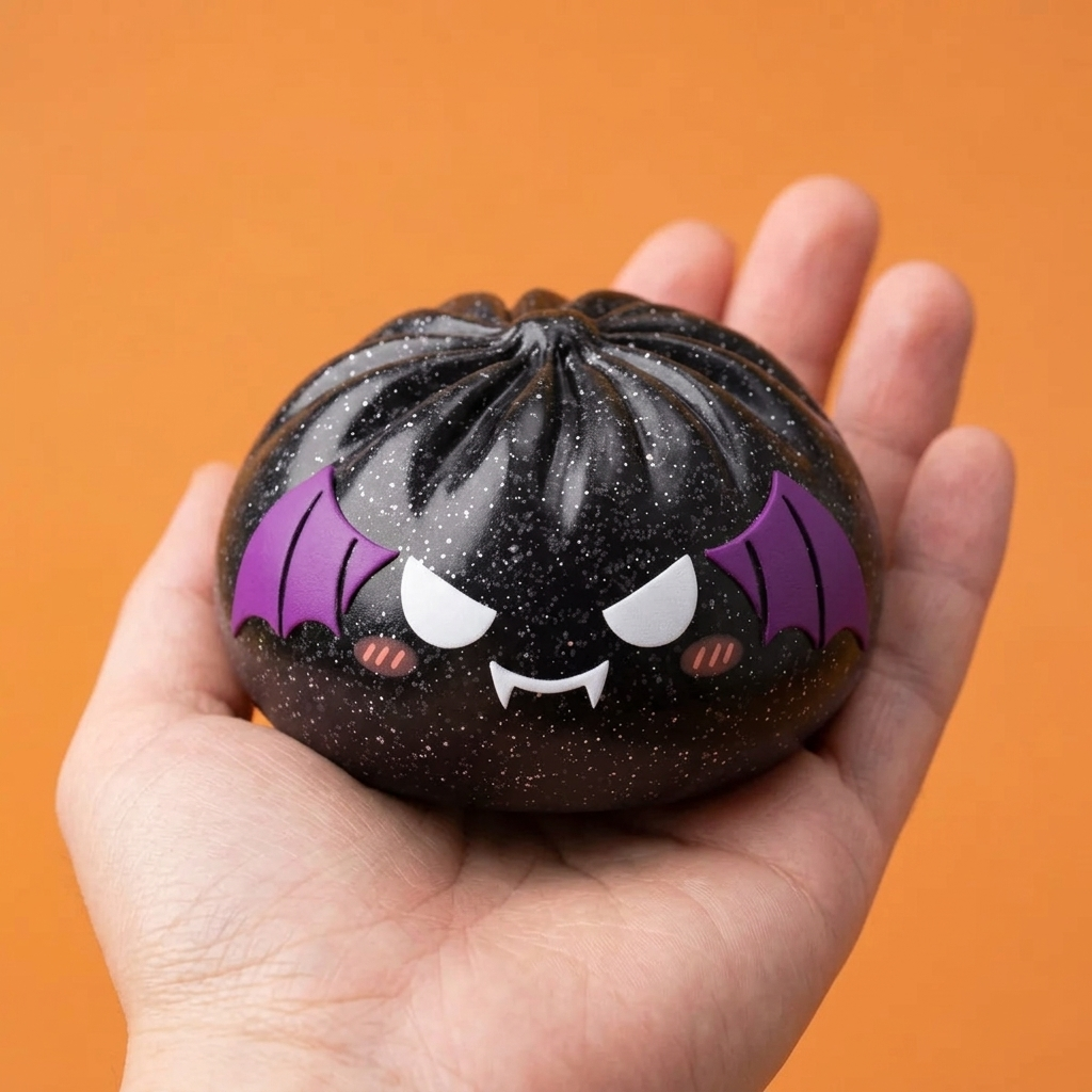 Squishy Dumpling Chauve-Souris Halloween Glitter in der Hand gehalten, echte Größe