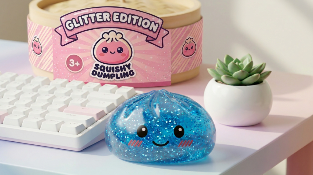 Glitter Dumpling Squishy Ruhiges Blau in seiner kawaii Umgebung