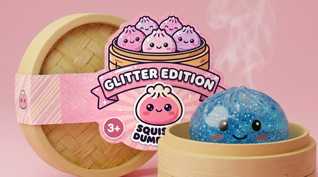 Glitter Dumpling Squishy Ruhiges Blau im Bambus-Dämpfkörbchen