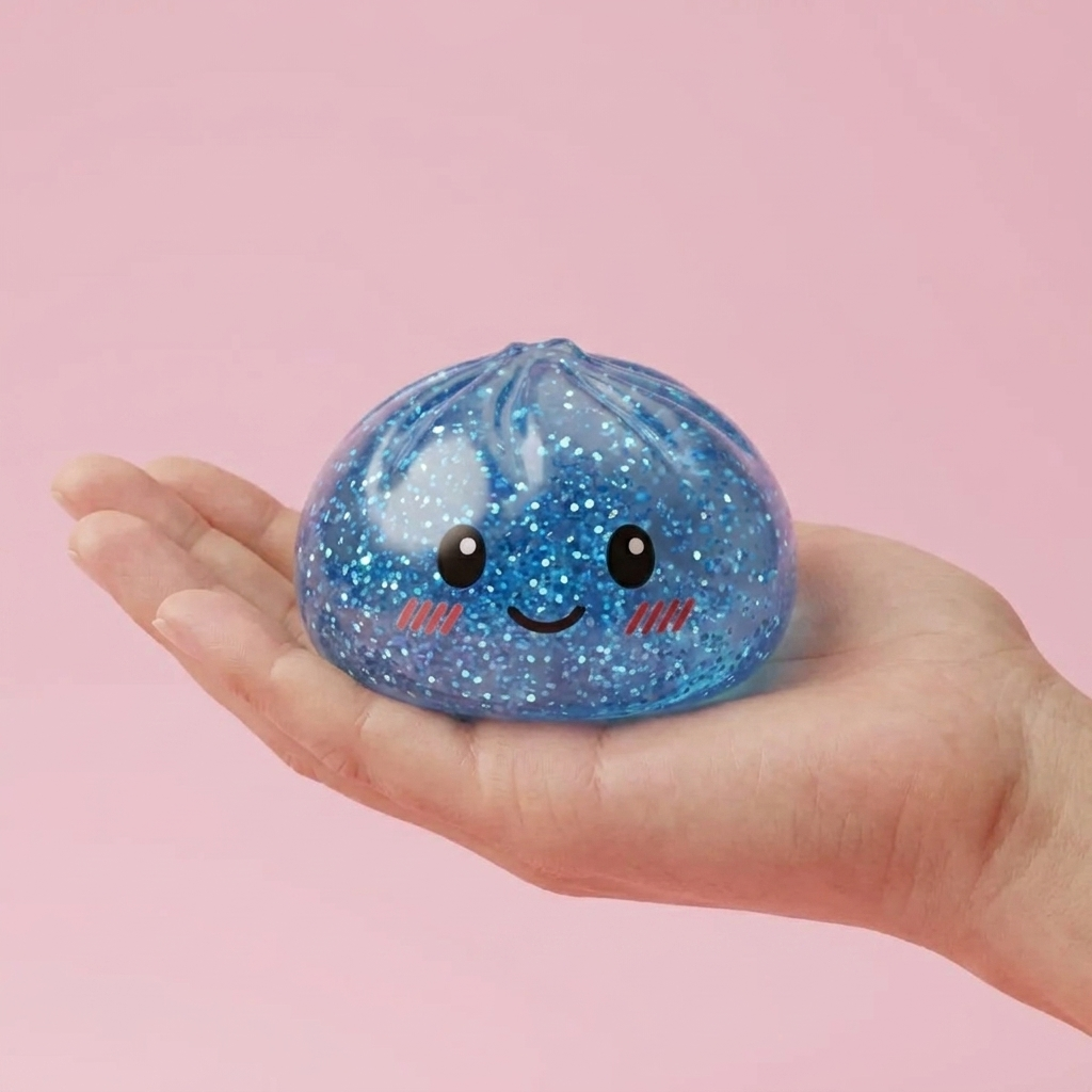 Glitter Dumpling Squishy Ruhiges Blau in der Hand gehalten, echte Größe