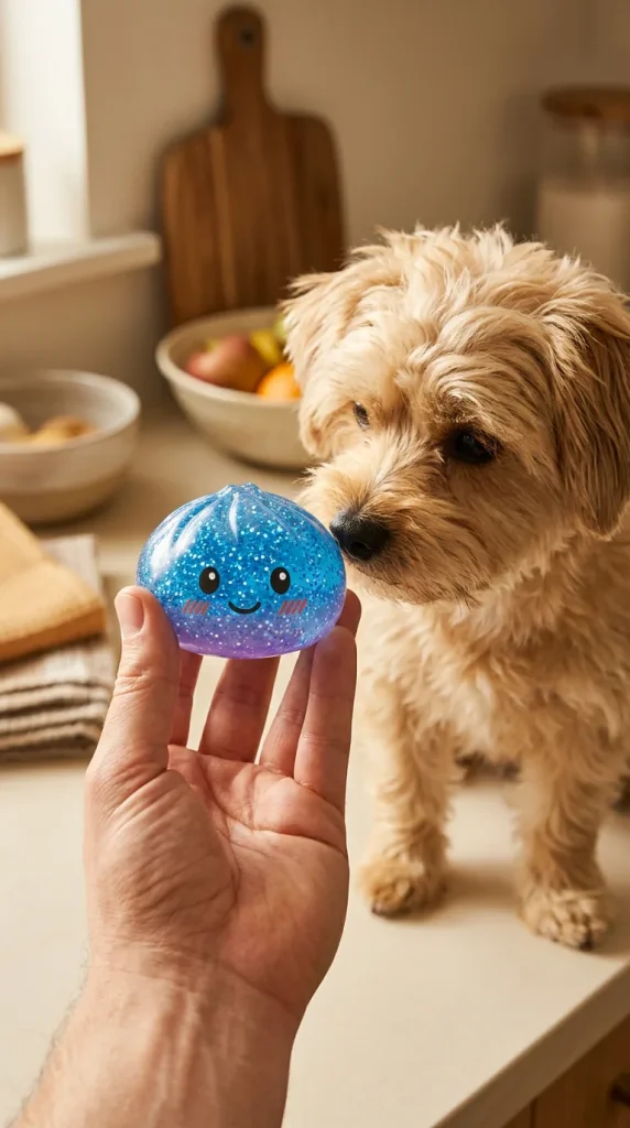 Glitter Dumpling Squishy Ruhiges Blau mit einem Kuscheltier
