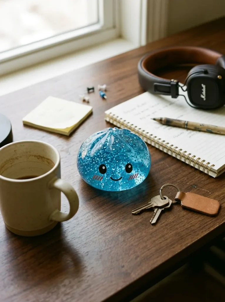 Glitter Dumpling Squishy Ruhiges Blau auf dem Schreibtisch