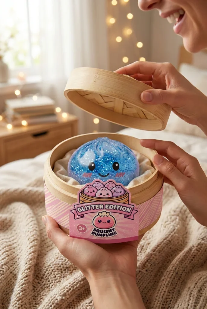 Glitter Dumpling Squishy Ruhiges Blau beim Auspacken