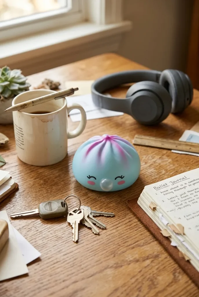 Dumpling Squishy Frost Blue Rare Blow Eisblau auf dem Schreibtisch