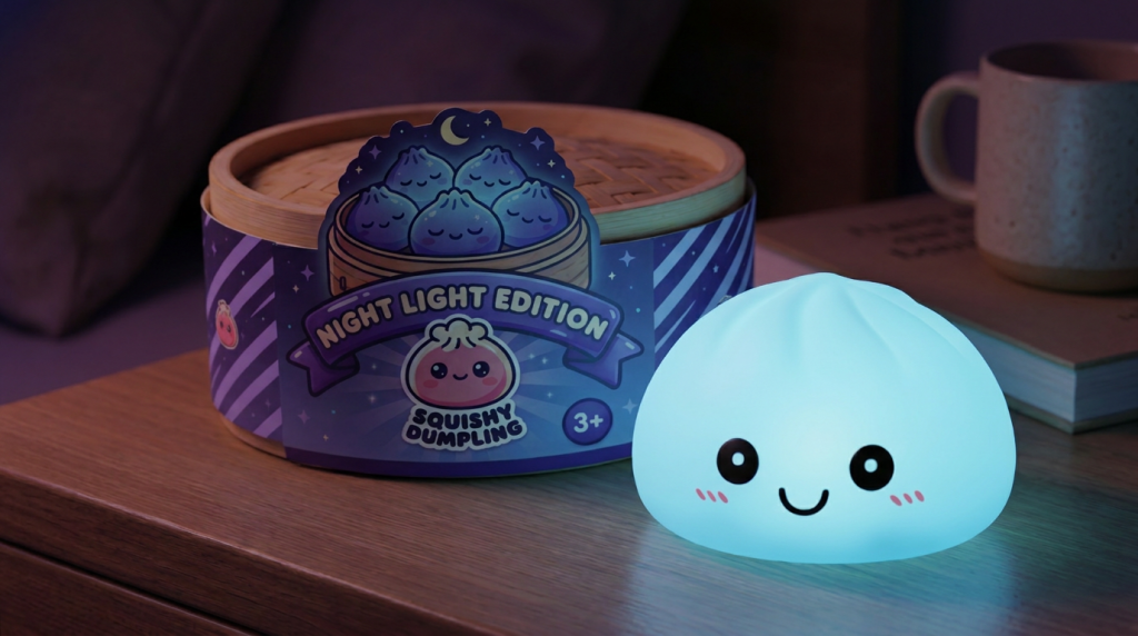 Dumpling Squishy Nachtlicht Blau Aurora in seiner kawaii Umgebung