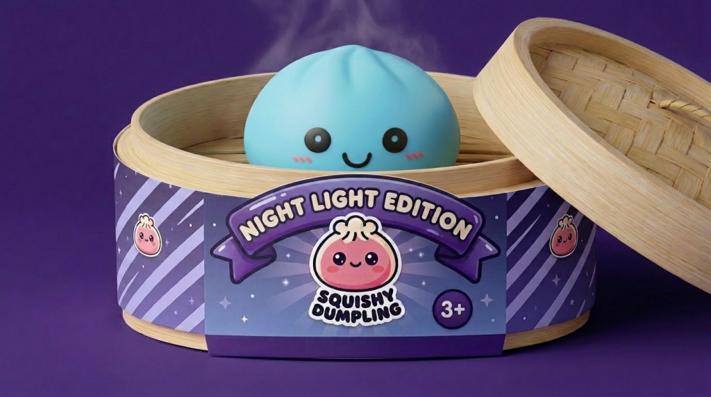Dumpling Squishy Nachtlicht Blau Aurora im Bambus-Dämpfkörbchen