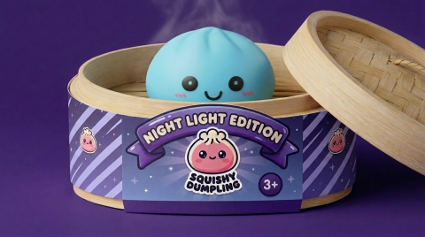Dumpling Squishy Nachtlicht Blau Aurora im Bambus-Dämpfkörbchen