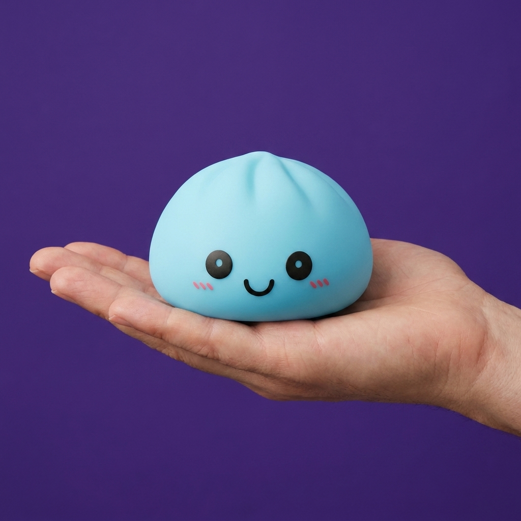 Dumpling Squishy Nachtlicht Blau Aurora in der Hand gehalten, echte Größe