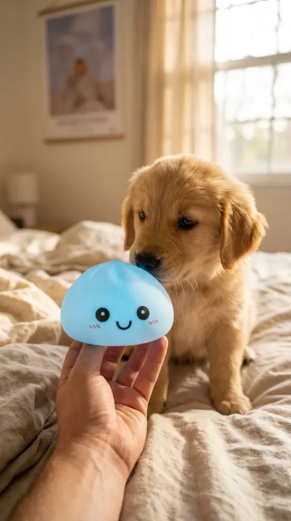 Dumpling Squishy Nachtlicht Blau Aurora mit einem Kuscheltier