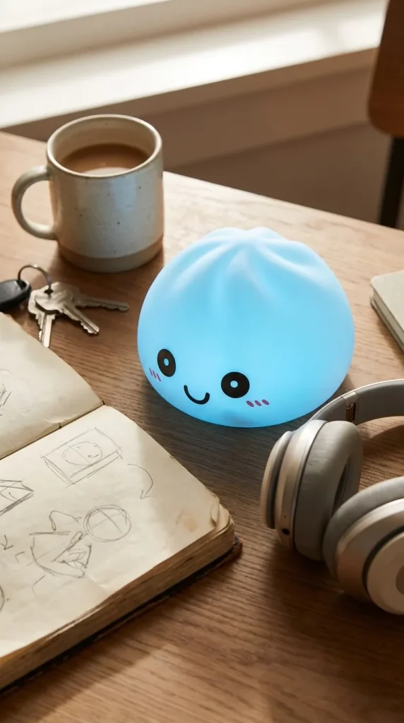 Dumpling Squishy Nachtlicht Blau Aurora auf dem Schreibtisch