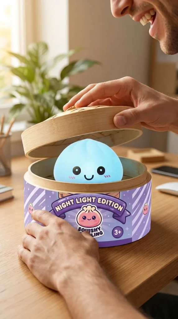 Dumpling Squishy Nachtlicht Blau Aurora beim Auspacken