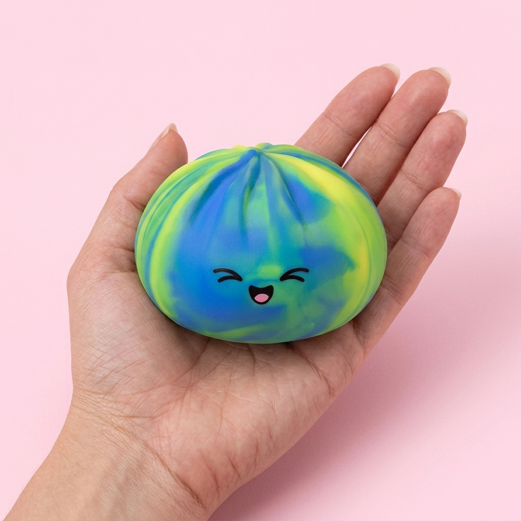 Rainbow Dumpling Squishy Regenbogen-Mystery in der Hand gehalten, echte Größe