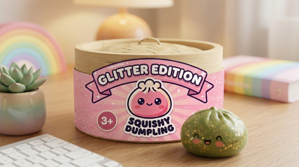 Dumpling Squishy Glitter Smaragdgrün in seiner kawaii Umgebung