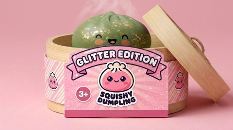Dumpling Squishy Glitter Smaragdgrün im Bambus-Dämpfkörbchen