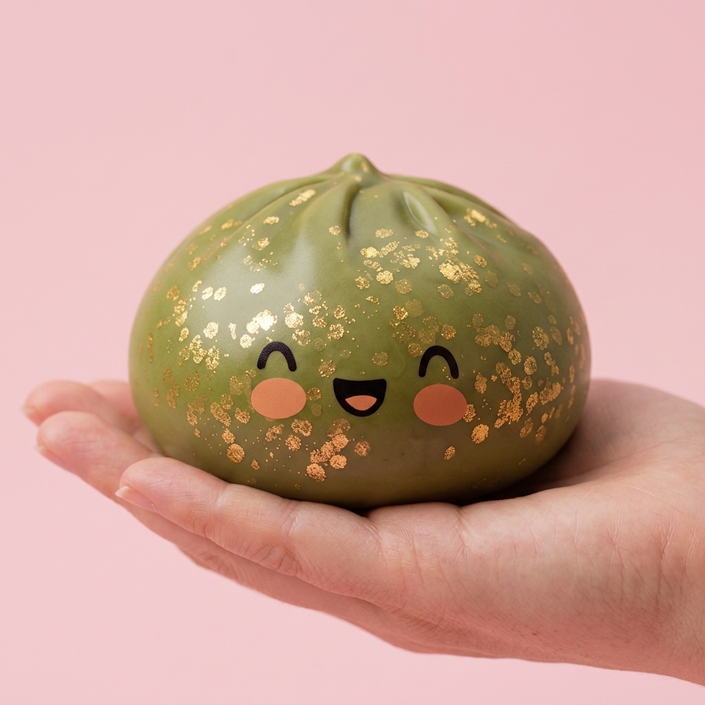 Dumpling Squishy Glitter Smaragdgrün in der Hand gehalten, echte Größe