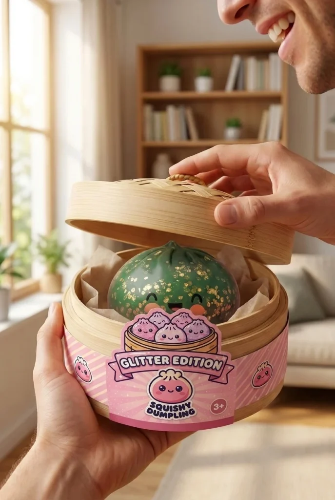 Dumpling Squishy Glitter Smaragdgrün beim Auspacken
