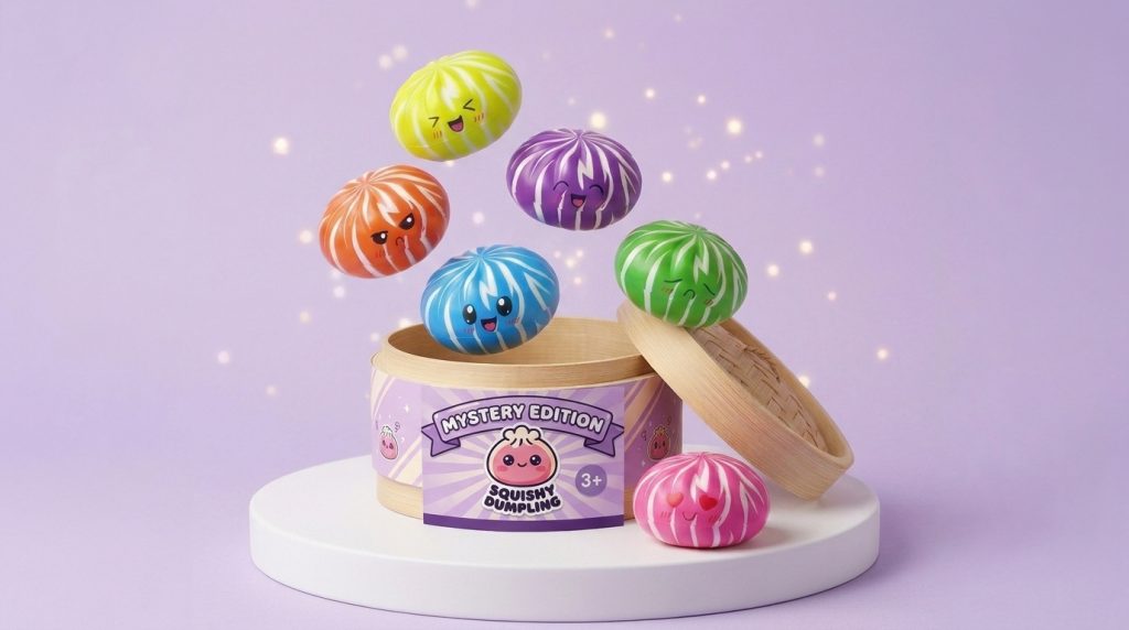Dumpling Squishy Bun Mystery mit Bambuskorb beim Drücken, weiches Material