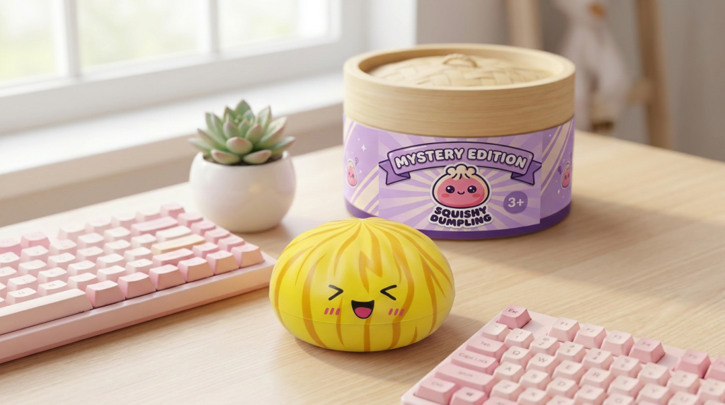 Dumpling Squishy Bun Mystery mit Bambuskorb in seiner kawaii Umgebung