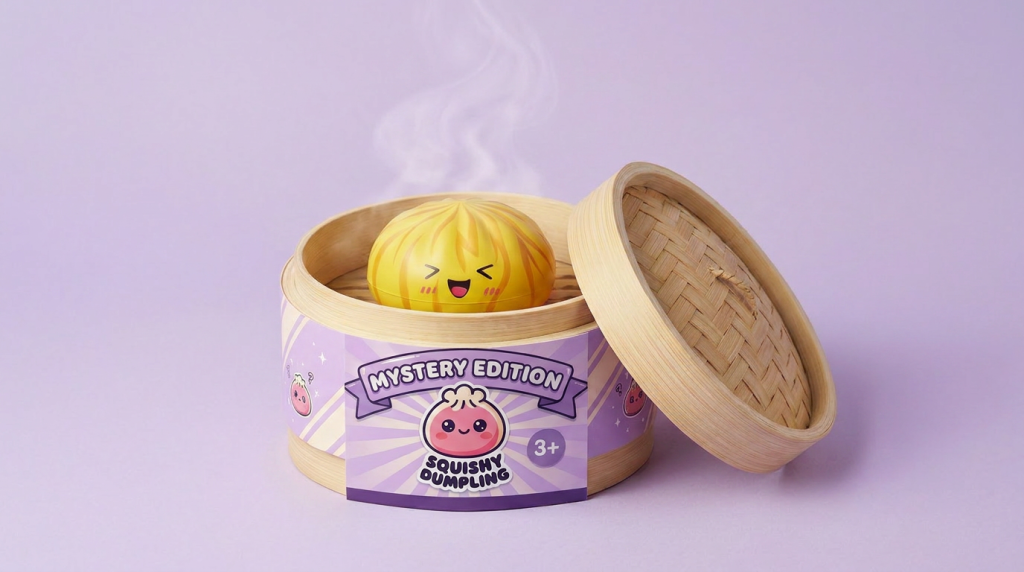 Dumpling Squishy Bun Mystery mit Bambuskorb im Bambus-Dämpfkörbchen