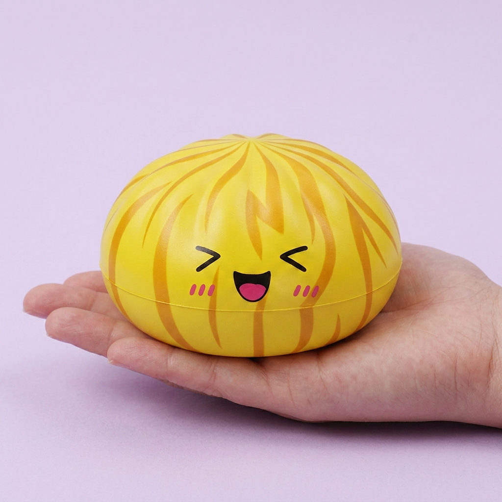 Dumpling Squishy Bun Mystery mit Bambuskorb in der Hand gehalten, echte Größe