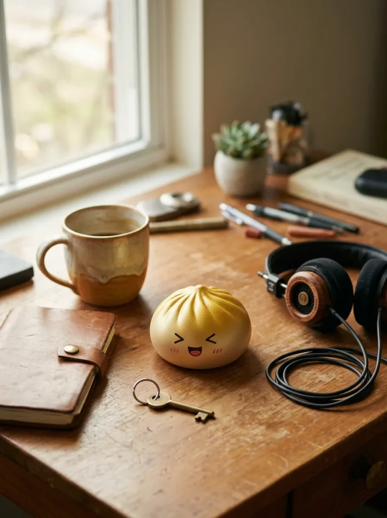 Dumpling Squishy Bun Mystery mit Bambuskorb auf dem Schreibtisch