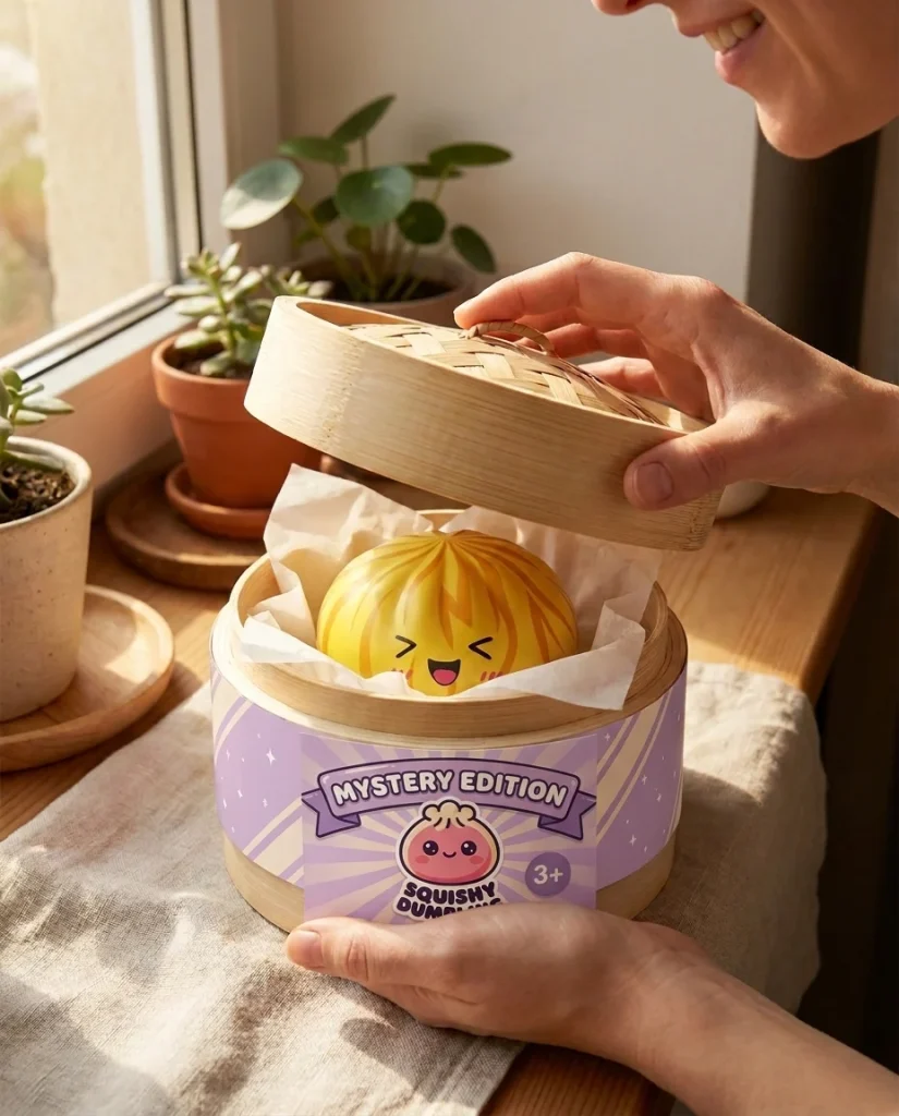 Dumpling Squishy Bun Mystery mit Bambuskorb beim Auspacken
