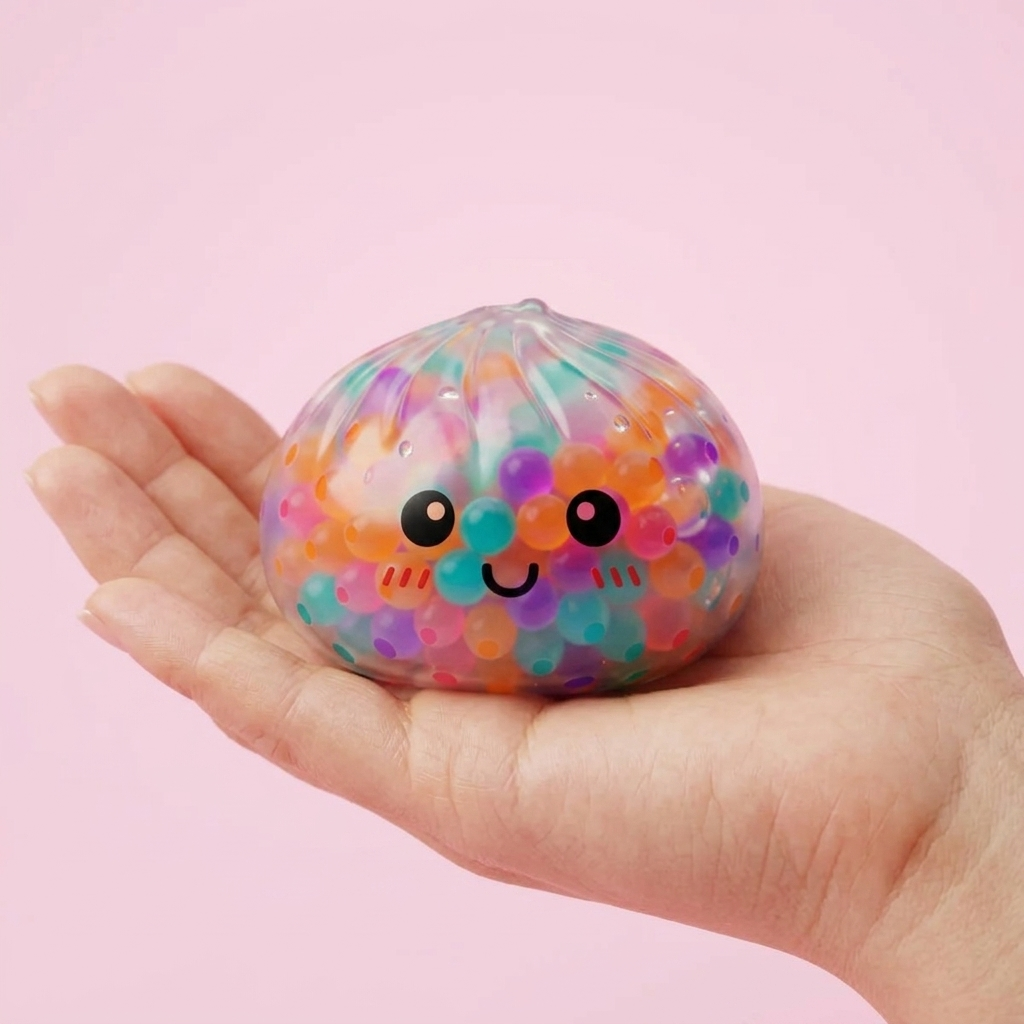 Squishy Dumpling Bunt Soft Bubbles Design in der Hand gehalten, echte Größe