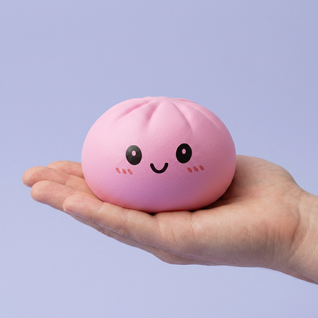 Squishy Dumpling Mystery Box Überraschung in der Hand gehalten, echte Größe