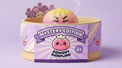 Dumpling Squishy Mystery Bun Überraschung im Bambus-Dämpfkörbchen