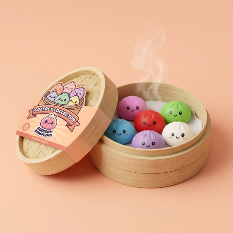 Dumpling Squishy Collection Regenbogen 6er-Set im Bambus-Dämpfkörbchen