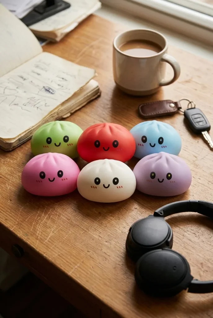 Dumpling Squishy Collection Regenbogen 6er-Set auf dem Schreibtisch
