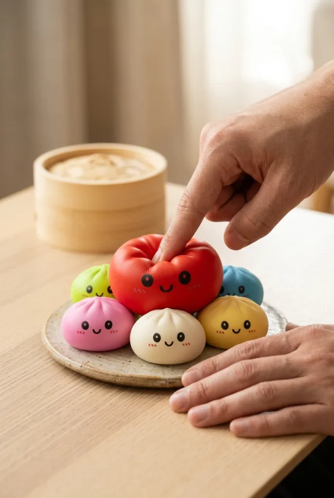 Dumpling Squishy Collection Regenbogen 6er-Set beim Drücken