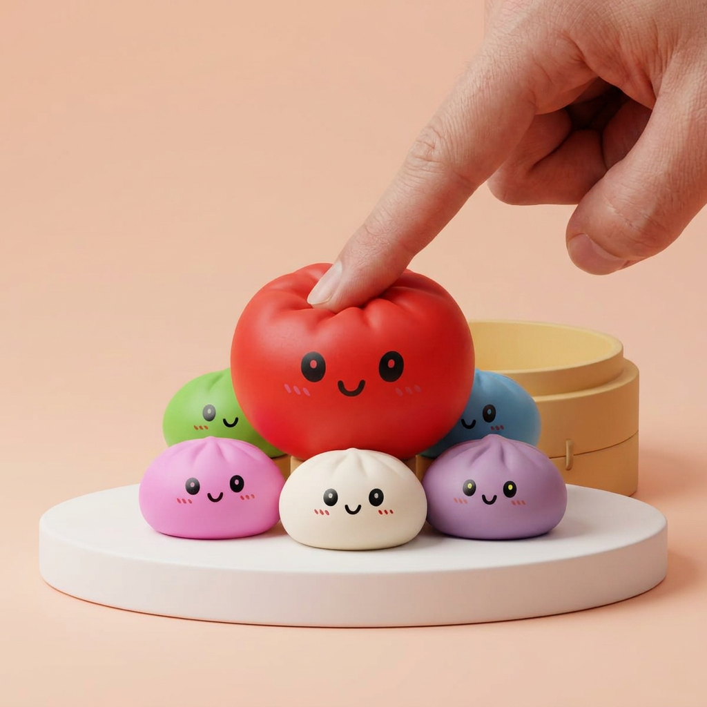 Dumpling Squishy Collection Regenbogen 6er-Set beim Drücken, weiches Material