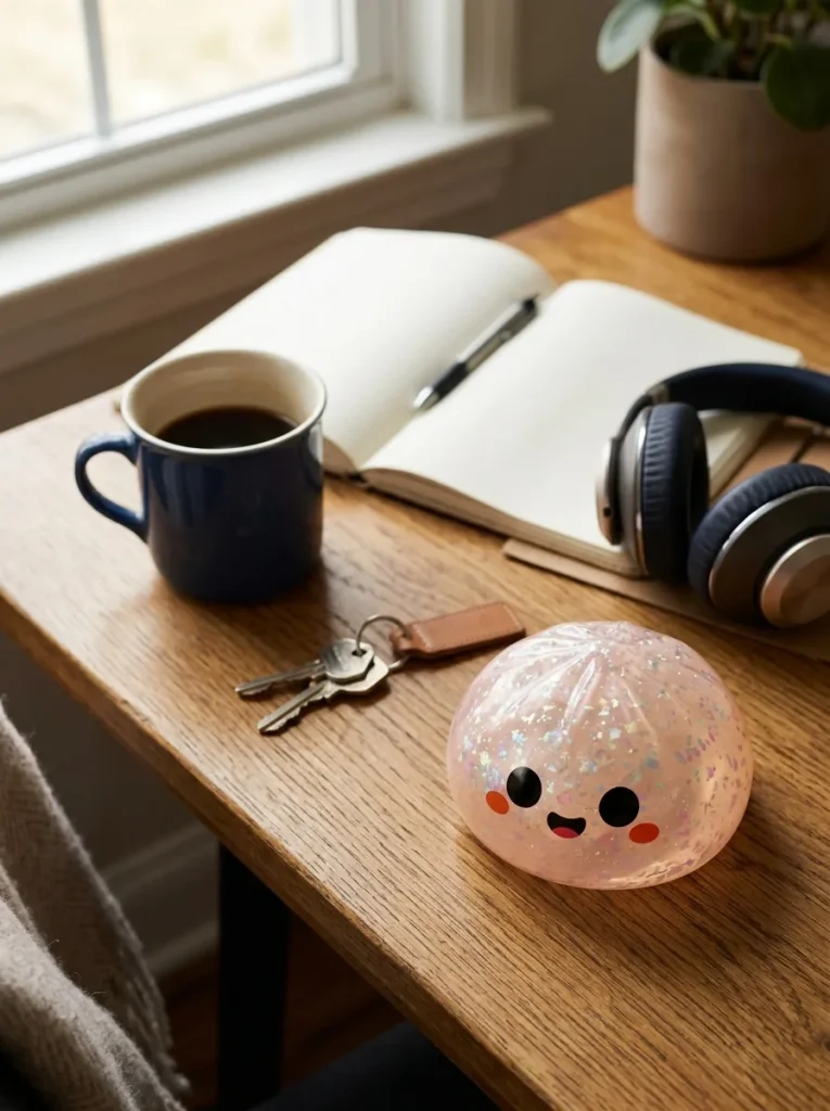 Squishy Dumpling Geist Halloween Glitter auf dem Schreibtisch