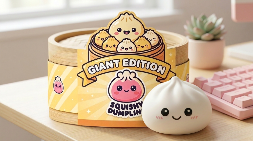 Giant Dumpling Squishy XXL Plüschkissen in seiner kawaii Umgebung