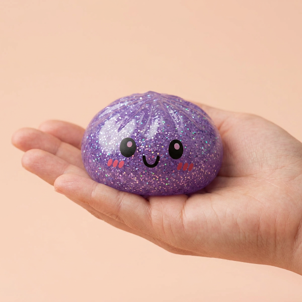 Glitter Dumpling Squishy Set – 6 Glitzer-Dumplings in der Hand gehalten, echte Größe