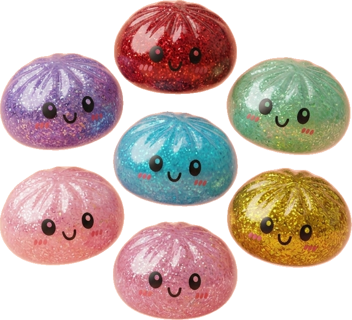 Glitter Dumpling Squishy Set – 6 Glitzer-Dumplings beim Drücken, weiches Material