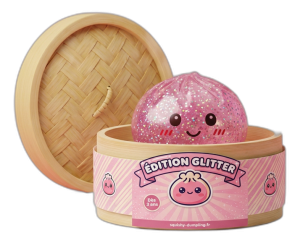 Glitter & Pailletten — Squishy Dumpling in seiner Bambusoptik-Dämpfkörbchen-Box