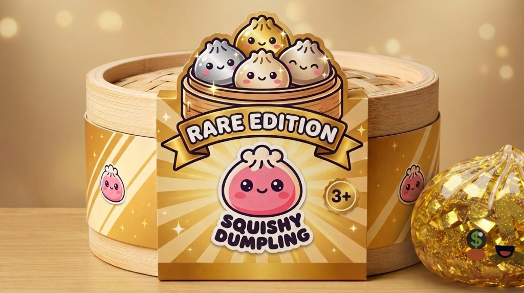 Gold Dumpling Squishy – Glitzernde Rarität in seiner kawaii Umgebung