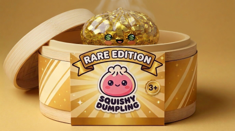 Gold Dumpling Squishy – Glitzernde Rarität im Bambus-Dämpfkörbchen