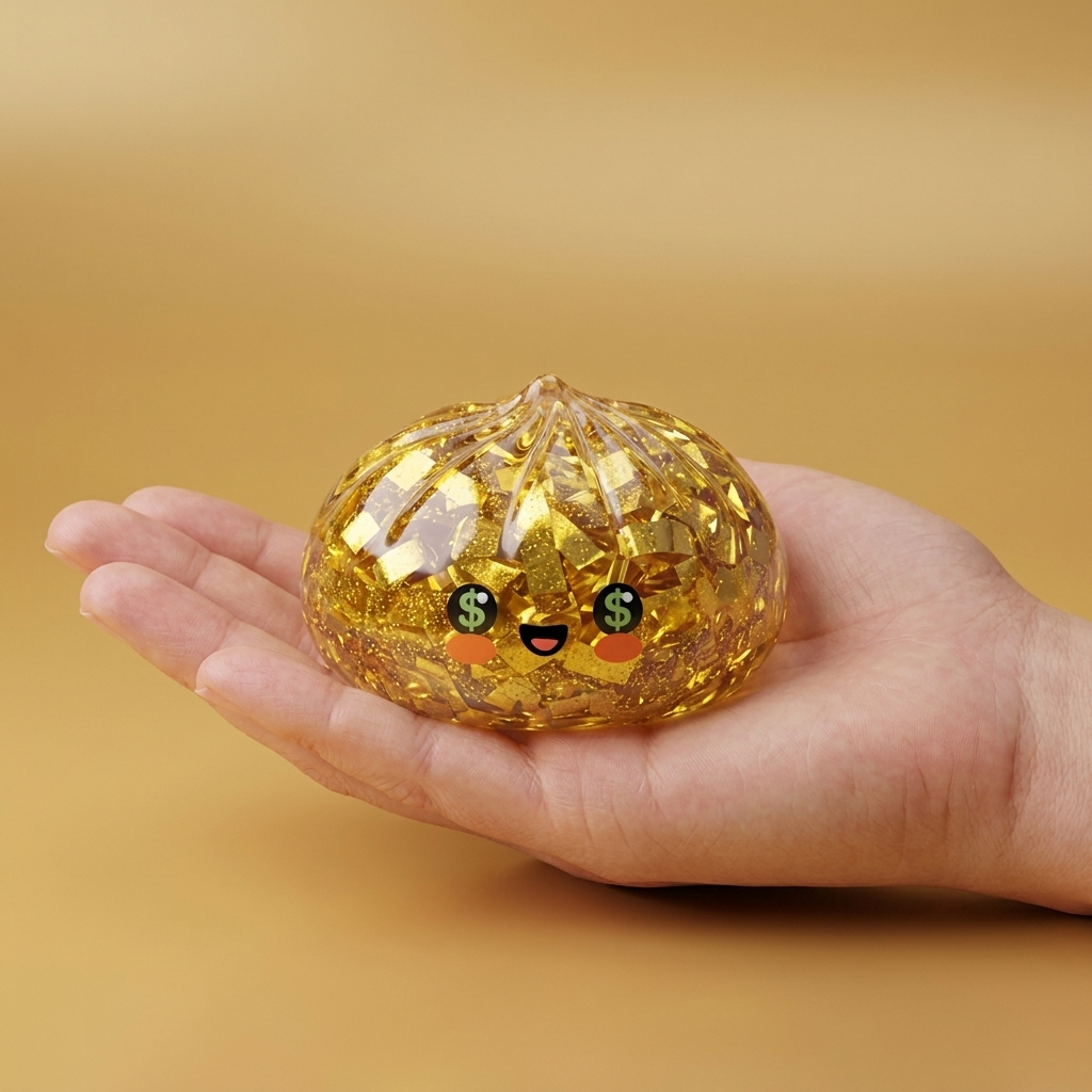 Gold Dumpling Squishy – Glitzernde Rarität in der Hand gehalten, echte Größe
