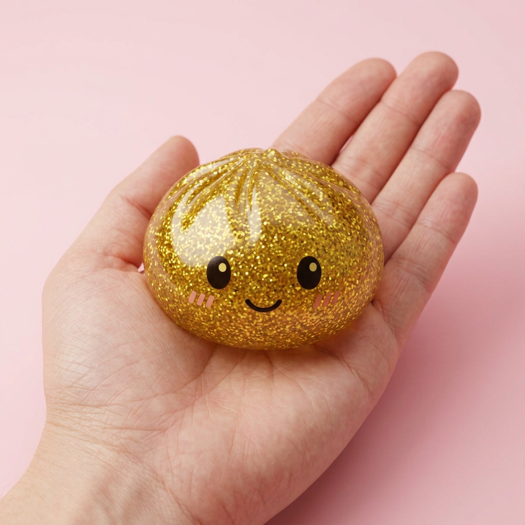 Glitter Dumpling Squishy Gold Luxus in der Hand gehalten, echte Größe
