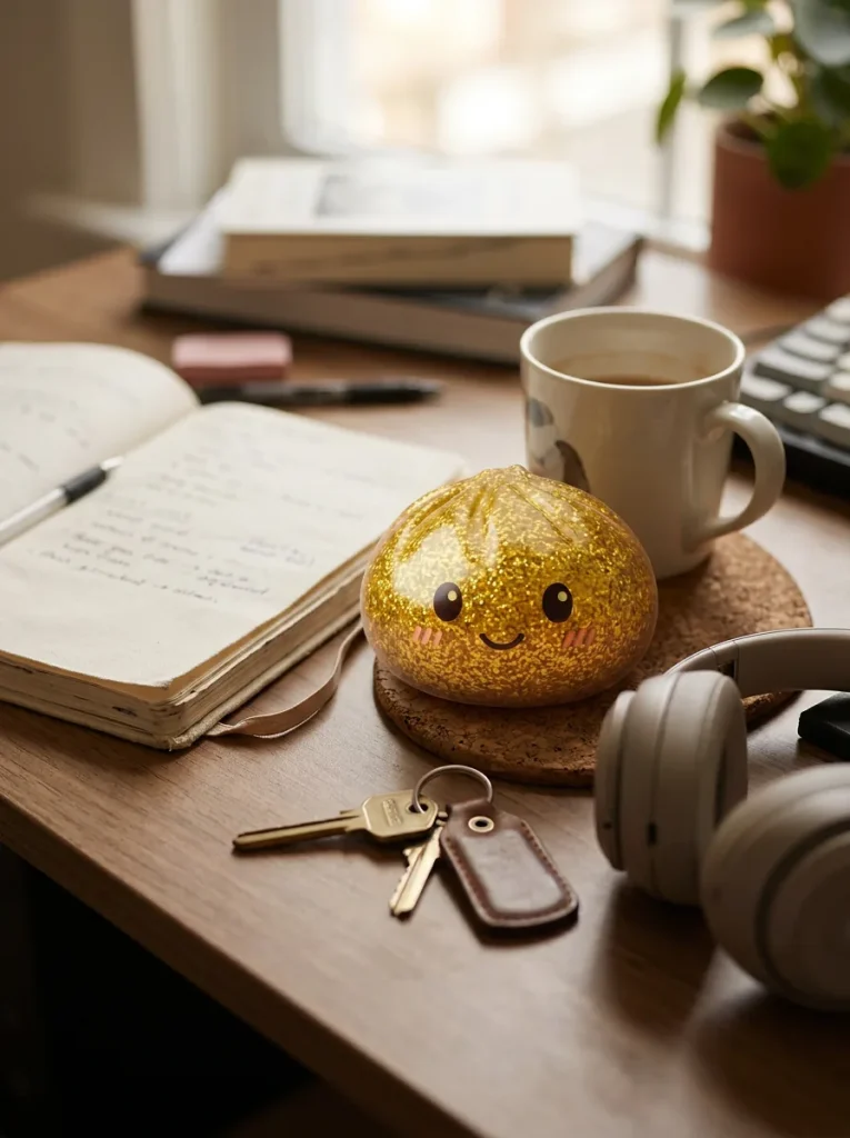 Glitter Dumpling Squishy Gold Luxus auf dem Schreibtisch