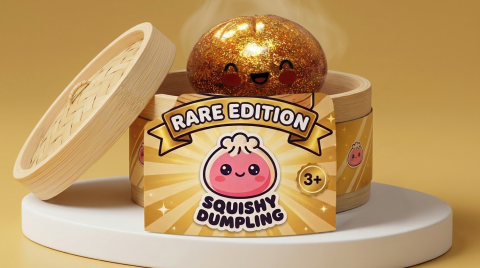 Dumpling Squishy Glitter Or Gold – Einzigartiges Schatzstück im Bambus-Dämpfkörbchen