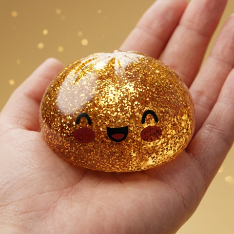 Dumpling Squishy Glitter Or Gold – Einzigartiges Schatzstück in der Hand gehalten, echte Größe