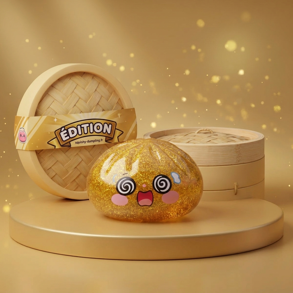 Gold Dumpling Squishy Glücksbringer in seiner kawaii Umgebung