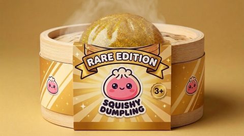 Gold Dumpling Squishy Glücksbringer im Bambus-Dämpfkörbchen