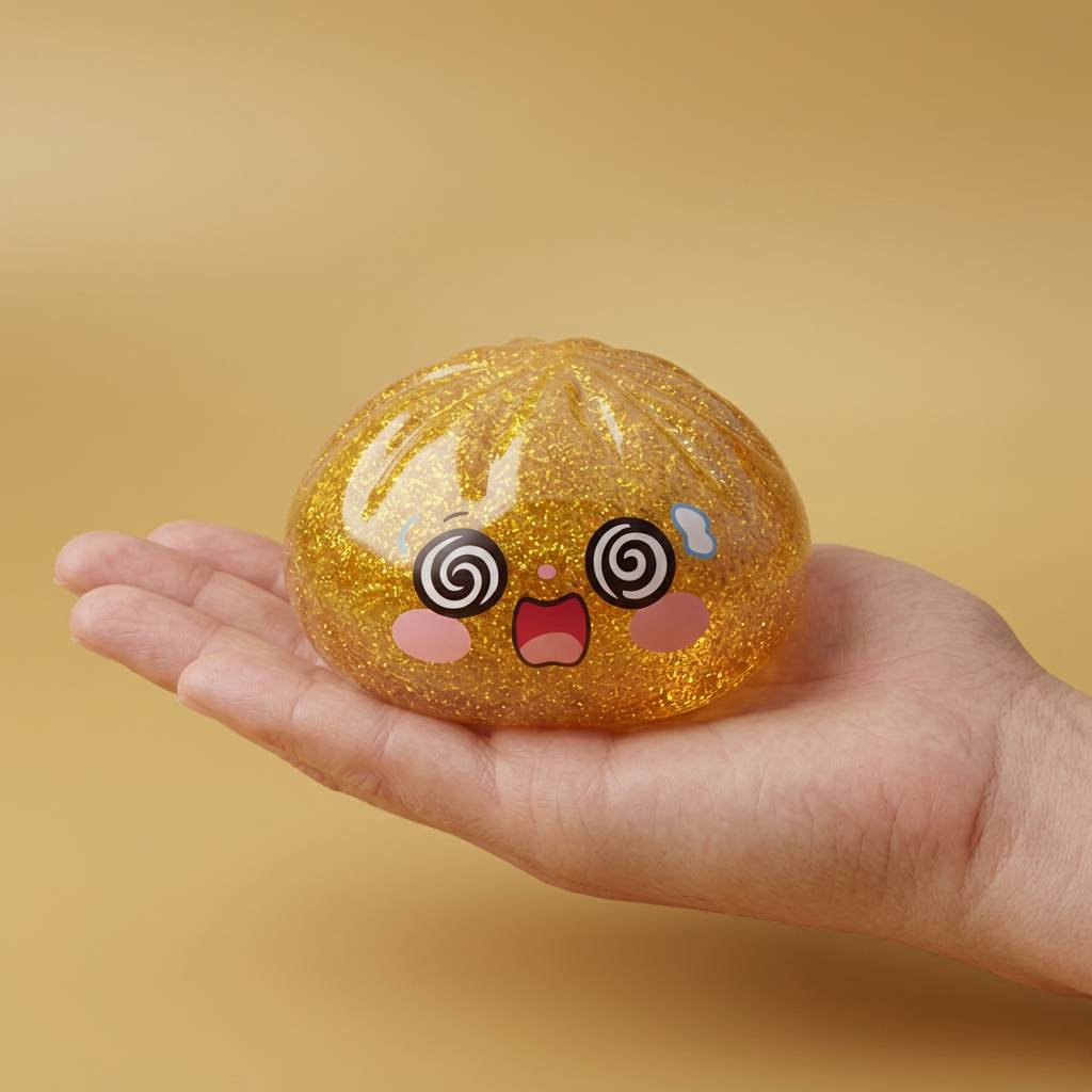Gold Dumpling Squishy Glücksbringer in der Hand gehalten, echte Größe