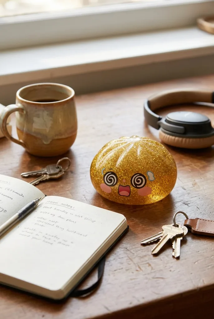 Gold Dumpling Squishy Glücksbringer auf dem Schreibtisch